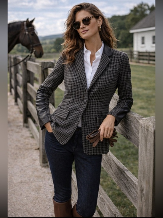 Lauren Ralph Lauren Jackets & Blazers - Lauren Ralph Lauren Houndstooth Blazer Faux Leather Trim Equestrian Preppy S